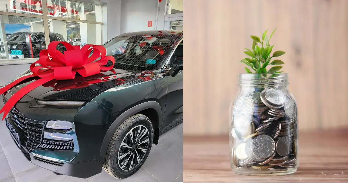 A new car and some coins in a jar with a sapling