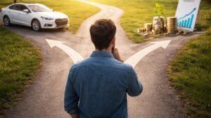 A person is standing at a cross road, on the left a car and on the right money grow symbol
