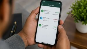 Person holding smartphone showing IMPS transaction with ₹1 credit and ₹299 recharge payment in banking app