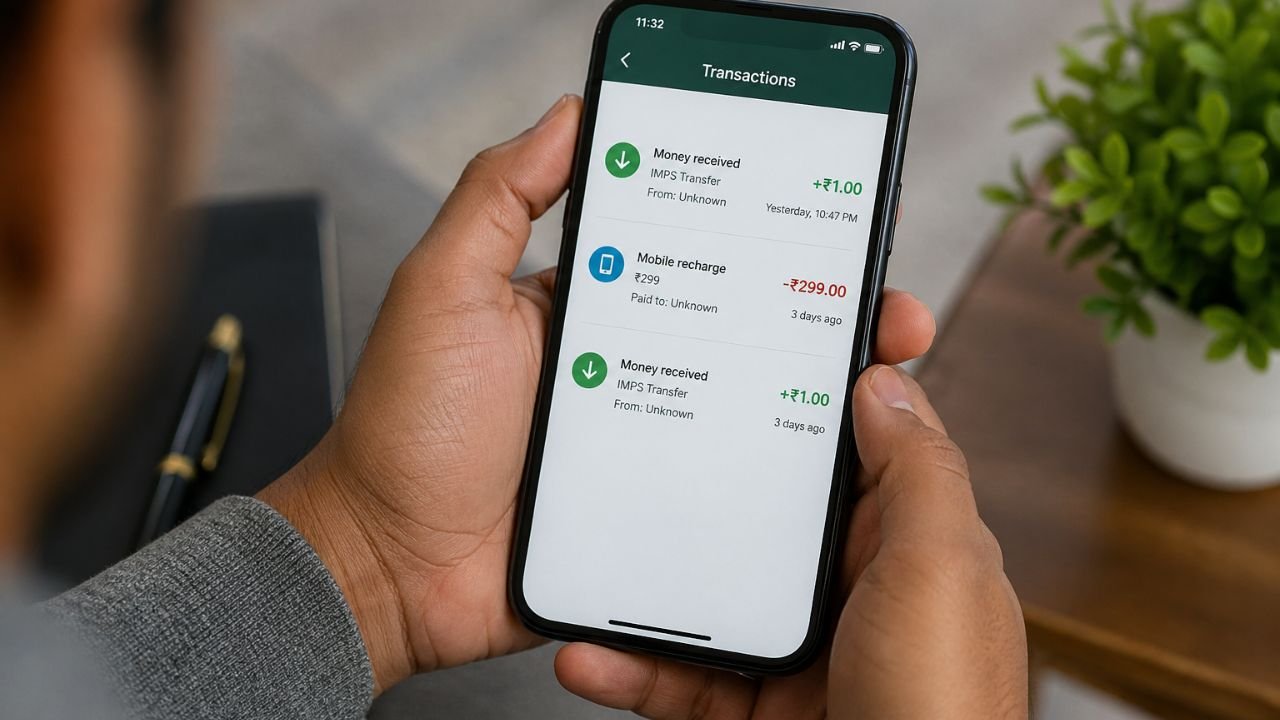 Person holding smartphone showing IMPS transaction with ₹1 credit and ₹299 recharge payment in banking app
