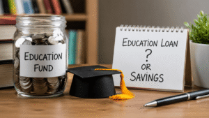Education fund savings jar, graduation cap, books, and notepad comparing education loan vs savings for child education planning.