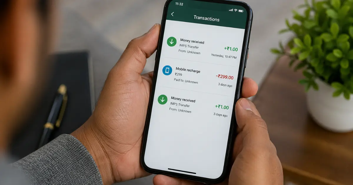 Person holding smartphone showing IMPS transaction with ₹1 credit and ₹299 recharge payment in banking app