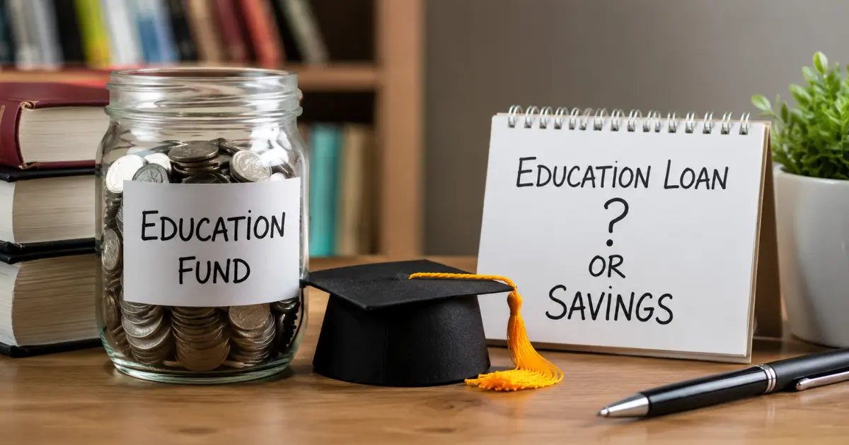 Education fund savings jar, graduation cap, books, and notepad comparing education loan vs savings for child education planning.
