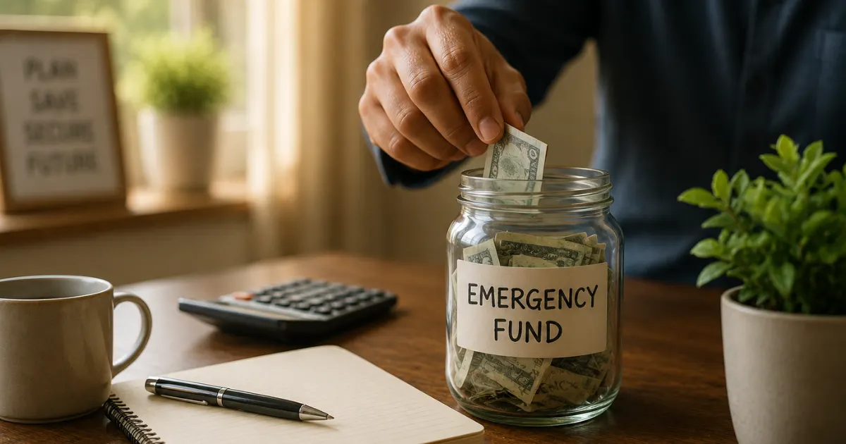 Person putting money into a jar labeled "Emergency Fund"