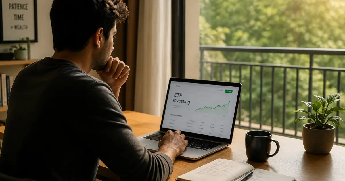 A person looking at the monitor of a laptop computer written as ETF Investing