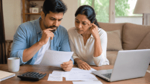 A family reviewing home purchase finances and calculating whether they can afford their dream house