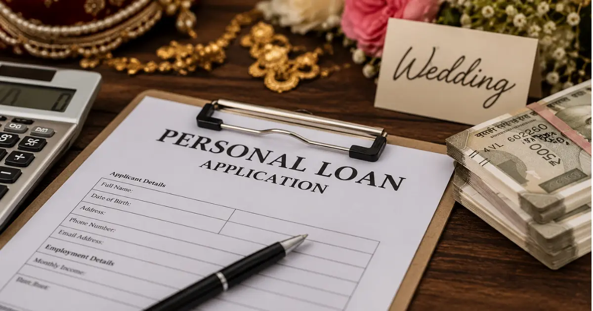 Personal loan application, money, calculator and wedding decorations illustrating the financial decision of borrowing for a wedding.