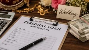 Personal loan application, money, calculator and wedding decorations illustrating the financial decision of borrowing for a wedding.